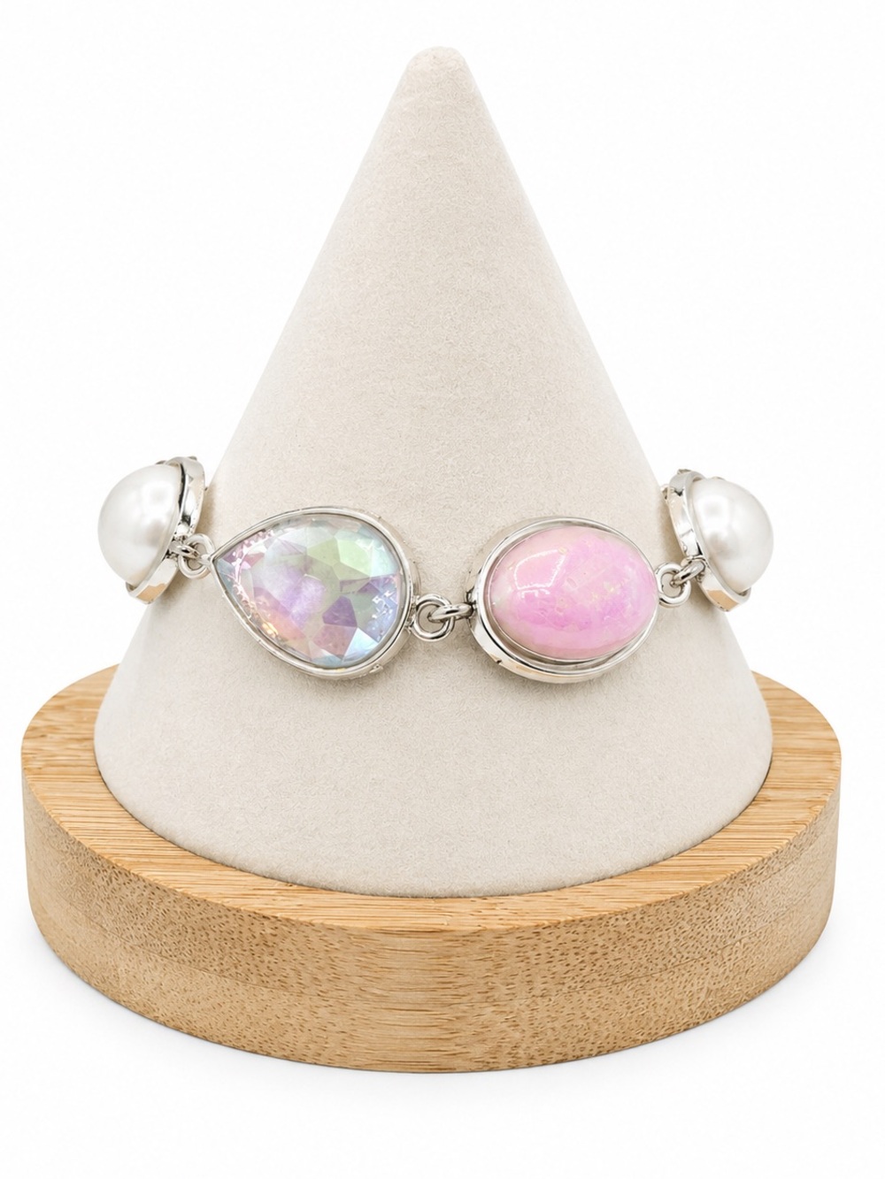 Silver Tone Iridescent Crystal Pink Opal Faux Pearl Link Bracelet Adjustable